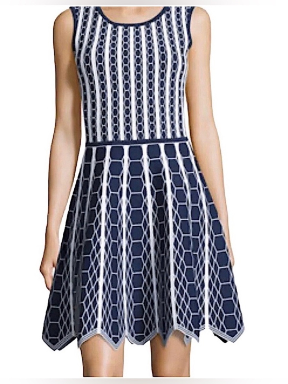 PINK Tartan Hexagon Knit Scallop Hem Fit and Flare Dress Size Medium